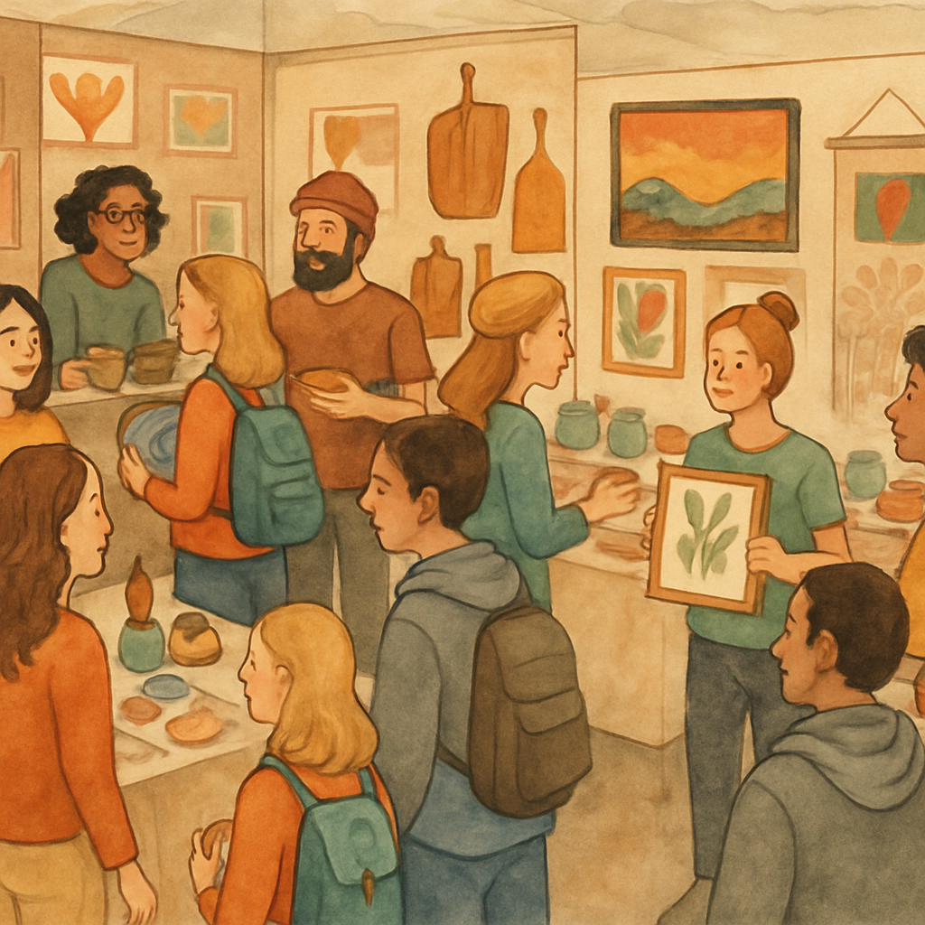 A bunch of craft show vendors at a show going between booths selling all sorts of hand made items and art-1